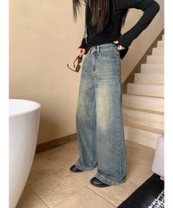 Charcoal Gray High-Waisted Wide-Leg Jeans for Women, Slimming Loose Straight Casual Trousers, Floor-Length Y2K Style