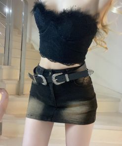 Charming Curves Retro Y2K Washed Distressed Stretch Bodycon Denim Skirt for Trendy Fashion Lovers