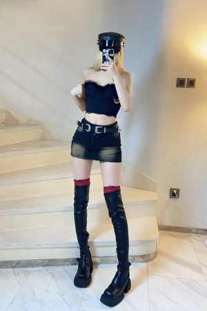 Charming Curves Retro Y2K Washed Distressed Stretch Bodycon Denim Skirt for Trendy Fashion Lovers