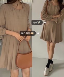 Charming Korean Style Pleated Dress with Small Round Neck for Effortless, Cost-Effective Fashion