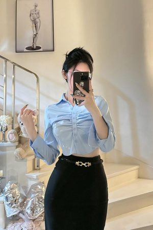 Charming Waist-Cinching Short Shirt - Elegant Slim-Fit Design, Versatile Style in 2 Colors - Perfect for Y2K and Korean Style Looks