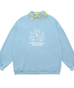 Checkered Polo Collar Loose Fit Sweatshirt - Casual Couple Splicing Fake Two-Piece Style, Y2K Fashion, Streetwear Vibe