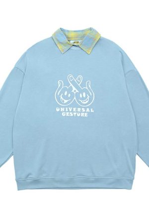 Checkered Polo Collar Loose Fit Sweatshirt - Casual Couple Splicing Fake Two-Piece Style, Y2K Fashion, Streetwear Vibe