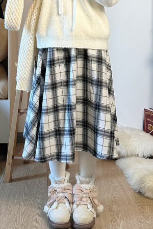 Checkered Pudding Bear JK A-Line Mid-Length Skirt for Small Figures, Flattering Design that Hides Hips and Slims Down, Y2K Fashion