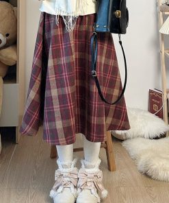 Checkered Pudding Bear JK A-Line Mid-Length Skirt for Small Figures, Flattering Design that Hides Hips and Slims Down, Y2K Fashion