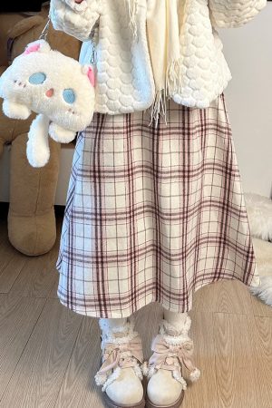 Checkered Pudding Bear JK A-Line Mid-Length Skirt for Small Figures, Flattering Design that Hides Hips and Slims Down, Y2K Fashion