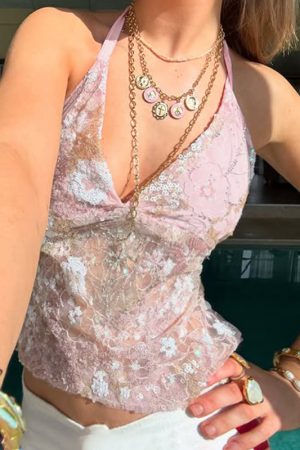 Cherry Blossom Lace Sequin Halter Backless Tie V-Neck Camisole Top for Girls - Y2K Inspired Floral Summer Fashion