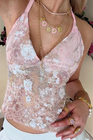 Cherry Blossom Lace Sequin Halter Backless Tie V-Neck Camisole Top for Girls - Y2K Inspired Floral Summer Fashion