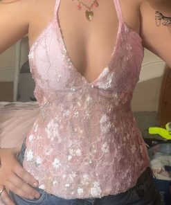 Cherry Blossom Lace Sequin Halter Backless Tie V-Neck Camisole Top for Girls - Y2K Inspired Floral Summer Fashion
