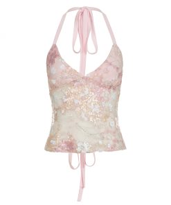 Cherry Blossom Lace Sequin Halter Backless Tie V-Neck Camisole Top for Girls - Y2K Inspired Floral Summer Fashion