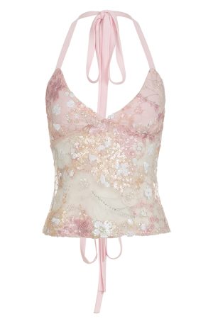 Cherry Blossom Lace Sequin Halter Backless Tie V-Neck Camisole Top for Girls - Y2K Inspired Floral Summer Fashion