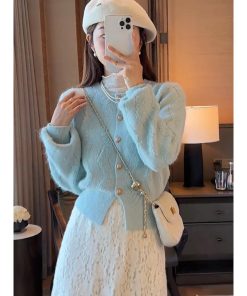 Chic 2025 Autumn Winter Two-Piece Set: Youthful Sweater & Lace Skirt Dress, Elegant Chanel-Style Outfit for Women