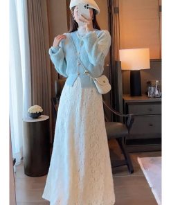 Chic 2025 Autumn Winter Two-Piece Set: Youthful Sweater & Lace Skirt Dress, Elegant Chanel-Style Outfit for Women