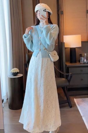Chic 2025 Autumn Winter Two-Piece Set: Youthful Sweater & Lace Skirt Dress, Elegant Chanel-Style Outfit for Women