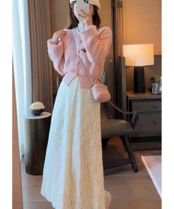 Chic 2025 Autumn Winter Two-Piece Set: Youthful Sweater & Lace Skirt Dress, Elegant Chanel-Style Outfit for Women