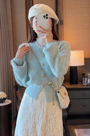 Chic 2025 Autumn Winter Two-Piece Set: Youthful Sweater & Lace Skirt Dress, Elegant Chanel-Style Outfit for Women