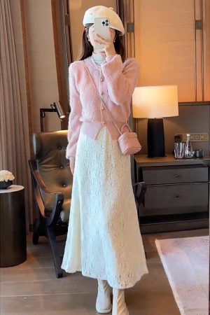 Chic 2025 Autumn Winter Two-Piece Set: Youthful Sweater & Lace Skirt Dress, Elegant Chanel-Style Outfit for Women