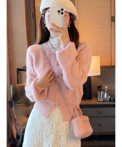 Chic 2025 Autumn Winter Two-Piece Set: Youthful Sweater & Lace Skirt Dress, Elegant Chanel-Style Outfit for Women