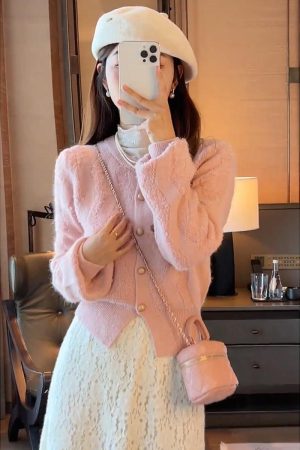 Chic 2025 Autumn Winter Two-Piece Set: Youthful Sweater & Lace Skirt Dress, Elegant Chanel-Style Outfit for Women