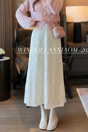 Chic 2025 Autumn Winter Two-Piece Set: Youthful Sweater & Lace Skirt Dress, Elegant Chanel-Style Outfit for Women