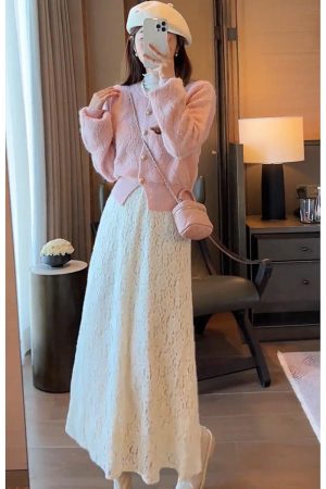 Chic 2025 Autumn Winter Two-Piece Set: Youthful Sweater & Lace Skirt Dress, Elegant Chanel-Style Outfit for Women