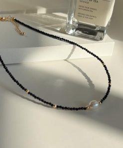 Chic Black Crystal Small Square Sugar Freshwater Pearl Diamond Ball Choker Necklace - High-End Korean Style Clavicle Chain