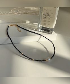 Chic Black Crystal Small Square Sugar Freshwater Pearl Diamond Ball Choker Necklace - High-End Korean Style Clavicle Chain