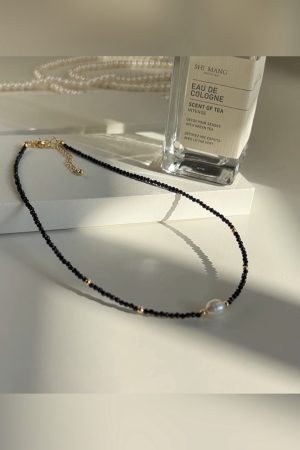 Chic Black Crystal Small Square Sugar Freshwater Pearl Diamond Ball Choker Necklace - High-End Korean Style Clavicle Chain