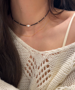 Chic Black Crystal Small Square Sugar Freshwater Pearl Diamond Ball Choker Necklace - High-End Korean Style Clavicle Chain