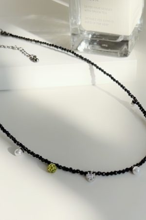 Chic Black Crystal Small Square Sugar Freshwater Pearl Diamond Ball Choker Necklace - High-End Korean Style Clavicle Chain