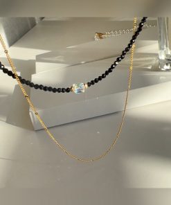 Chic Black Crystal Small Square Sugar Freshwater Pearl Diamond Ball Choker Necklace - High-End Korean Style Clavicle Chain
