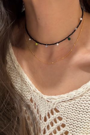 Chic Black Crystal Small Square Sugar Freshwater Pearl Diamond Ball Choker Necklace - High-End Korean Style Clavicle Chain