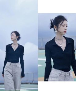 Chic Black V-Neck Knitted Sweater for Early Autumn - Stylish Zhou Yutong Inspired Design, Perfect for 90s and Y2K Fashion Lovers