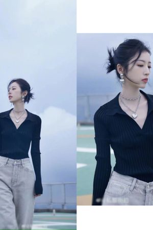 Chic Black V-Neck Knitted Sweater for Early Autumn - Stylish Zhou Yutong Inspired Design, Perfect for 90s and Y2K Fashion Lovers