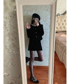 Chic Black Velvet Two-Piece Set for Women - Short Jacket and Mini Skirt, Elegant Fall Winter Fashion, Perfect for 90s Inspired Looks