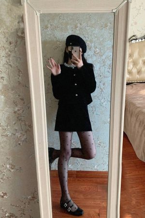 Chic Black Velvet Two-Piece Set for Women - Short Jacket and Mini Skirt, Elegant Fall Winter Fashion, Perfect for 90s Inspired Looks