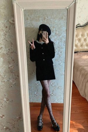 Chic Black Velvet Two-Piece Set for Women - Short Jacket and Mini Skirt, Elegant Fall Winter Fashion, Perfect for 90s Inspired Looks
