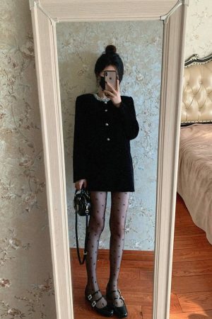 Chic Black Velvet Two-Piece Set for Women - Short Jacket and Mini Skirt, Elegant Fall Winter Fashion, Perfect for 90s Inspired Looks