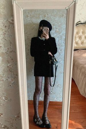 Chic Black Velvet Two-Piece Set for Women - Short Jacket and Mini Skirt, Elegant Fall Winter Fashion, Perfect for 90s Inspired Looks