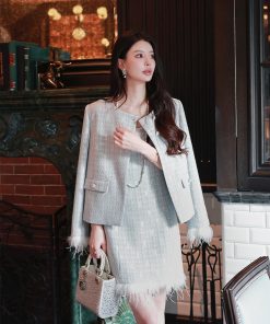 Chic Blue Chanel-Style Heavy-Duty Coat for Women, Elegant Noble Lady Outerwear, Perfect for 90s and Y2K Fashion Lovers