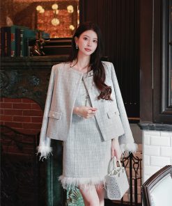 Chic Blue Chanel-Style Heavy-Duty Coat for Women, Elegant Noble Lady Outerwear, Perfect for 90s and Y2K Fashion Lovers