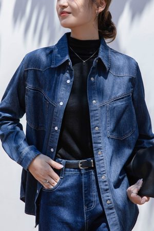 Chic Blue Denim Shirt Jacket for Women - Retro 90s Loose Layered Top for Autumn 2025 Fashion