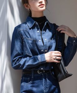 Chic Blue Denim Shirt Jacket for Women - Retro 90s Loose Layered Top for Autumn 2025 Fashion