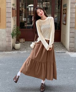 Chic Coffee-Colored Camisole Dress with Hollow Lace Top - Trendy Two-Piece Casual Outfit for a Fashion-Forward Look