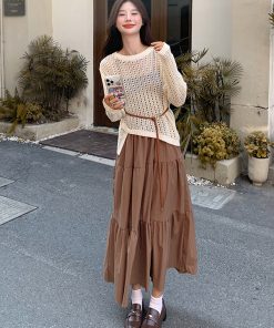 Chic Coffee-Colored Camisole Dress with Hollow Lace Top - Trendy Two-Piece Casual Outfit for a Fashion-Forward Look