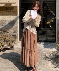 Chic Coffee-Colored Camisole Dress with Hollow Lace Top - Trendy Two-Piece Casual Outfit for a Fashion-Forward Look