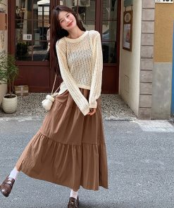 Chic Coffee-Colored Camisole Dress with Hollow Lace Top - Trendy Two-Piece Casual Outfit for a Fashion-Forward Look