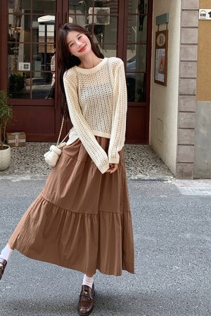 Chic Coffee-Colored Camisole Dress with Hollow Lace Top - Trendy Two-Piece Casual Outfit for a Fashion-Forward Look