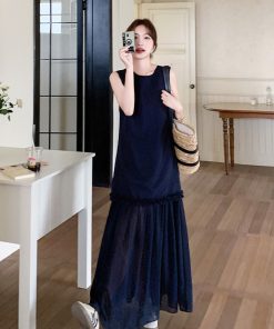 Chic Dark Blue Sleeveless Dress for May Day Travel - Elegant and Stylish Design, Perfect for Summer Outings