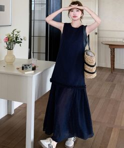 Chic Dark Blue Sleeveless Dress for May Day Travel - Elegant and Stylish Design, Perfect for Summer Outings